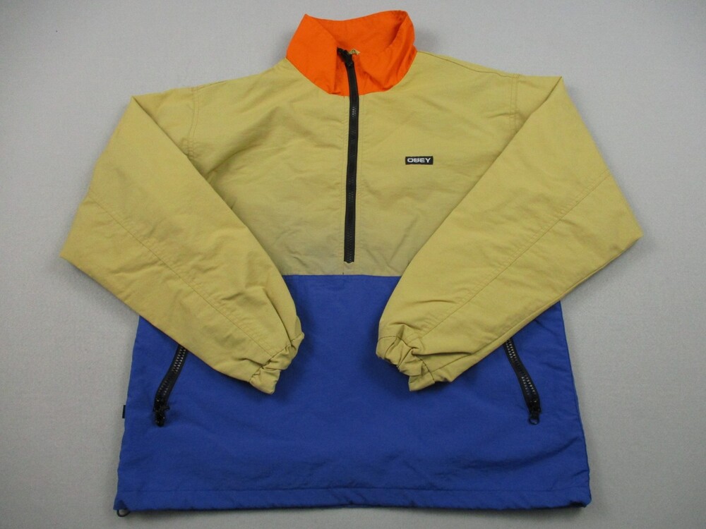 Obey Jacket Men Small Beige Blue Colorblock 1/4 Zip Anorak Windbreaker Skating S